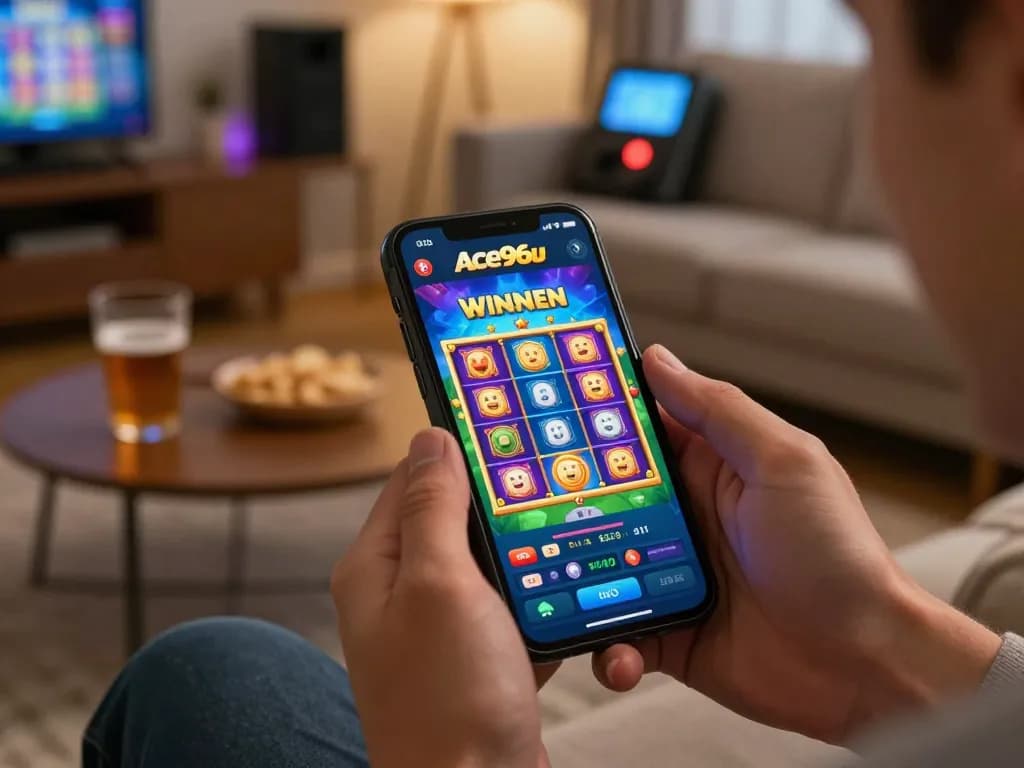 A player winning on Ace96au mobile app while enjoying a cozy home environment