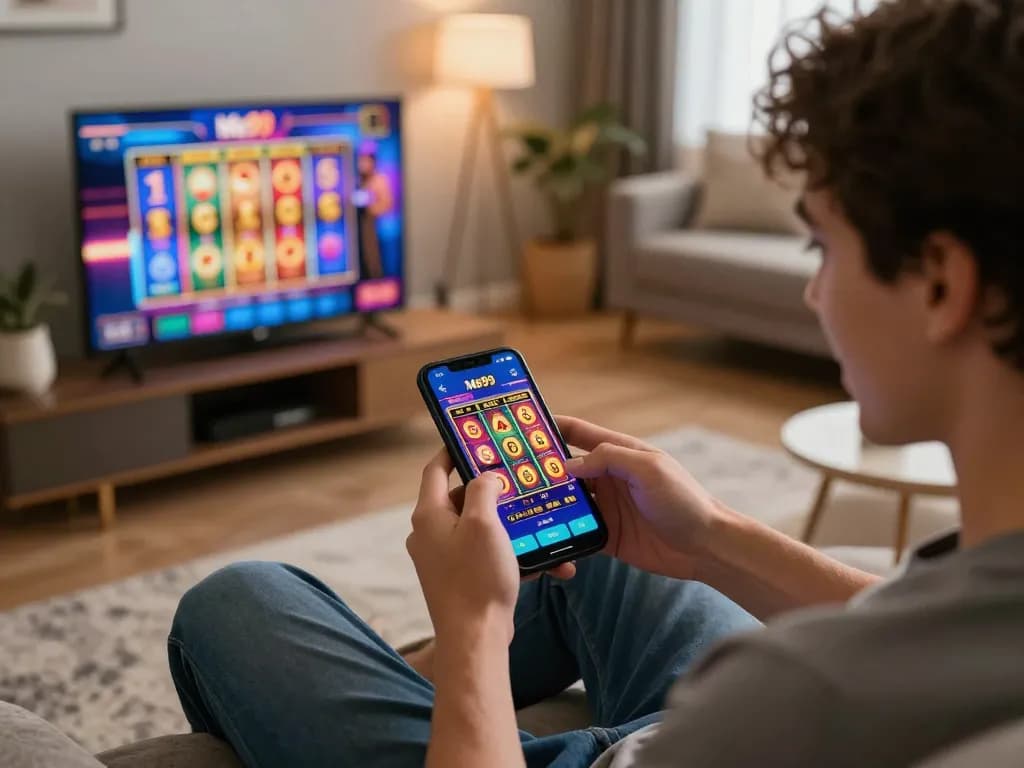 Engaging gameplay on the Me99 app shows exciting slot reels in a cozy home setting.