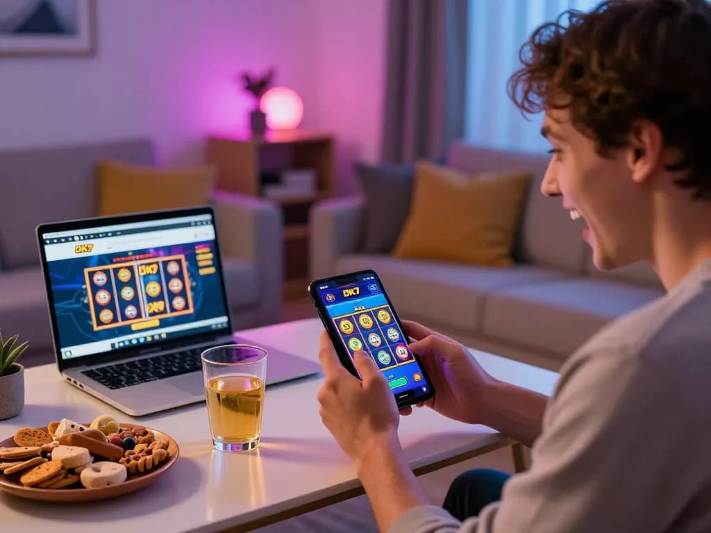 Enjoying dk7 slot on mobile in a cozy atmosphere with engaging graphics.