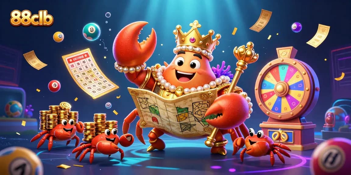 Engage with 88clb's vibrant gaming world featuring a golden crab emperor and dynamic lottery elements.