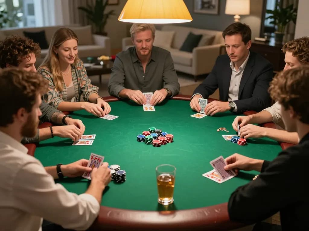 Players enjoy a strategic poker game at home, showcasing kjc's influence in social gambling.