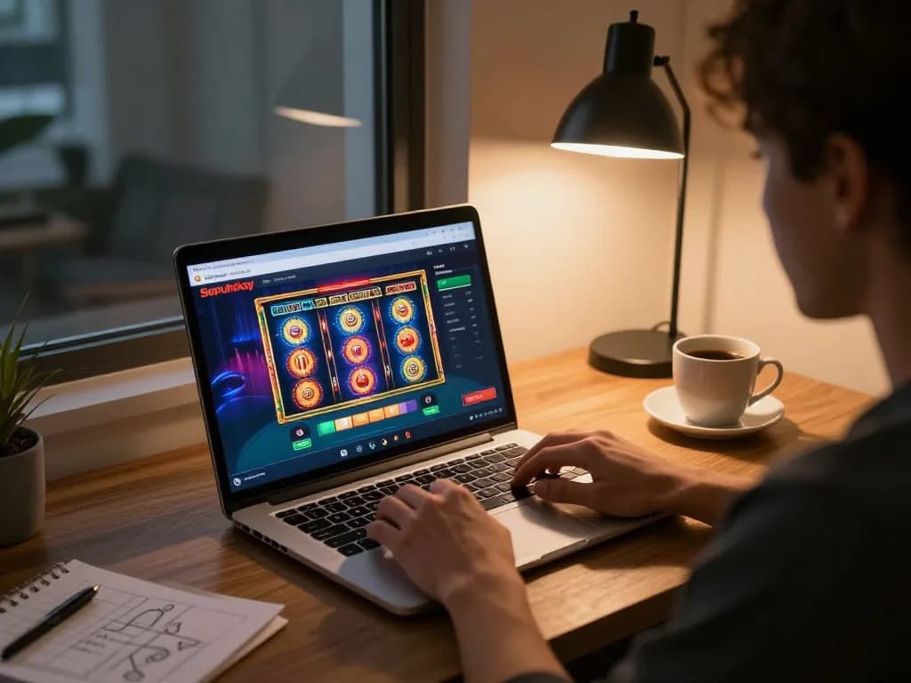 Suasana menarik seorang pemain menganalisis strategi di kasino online Sepuhplay sambil duduk di lingkungan rumah yang nyaman.