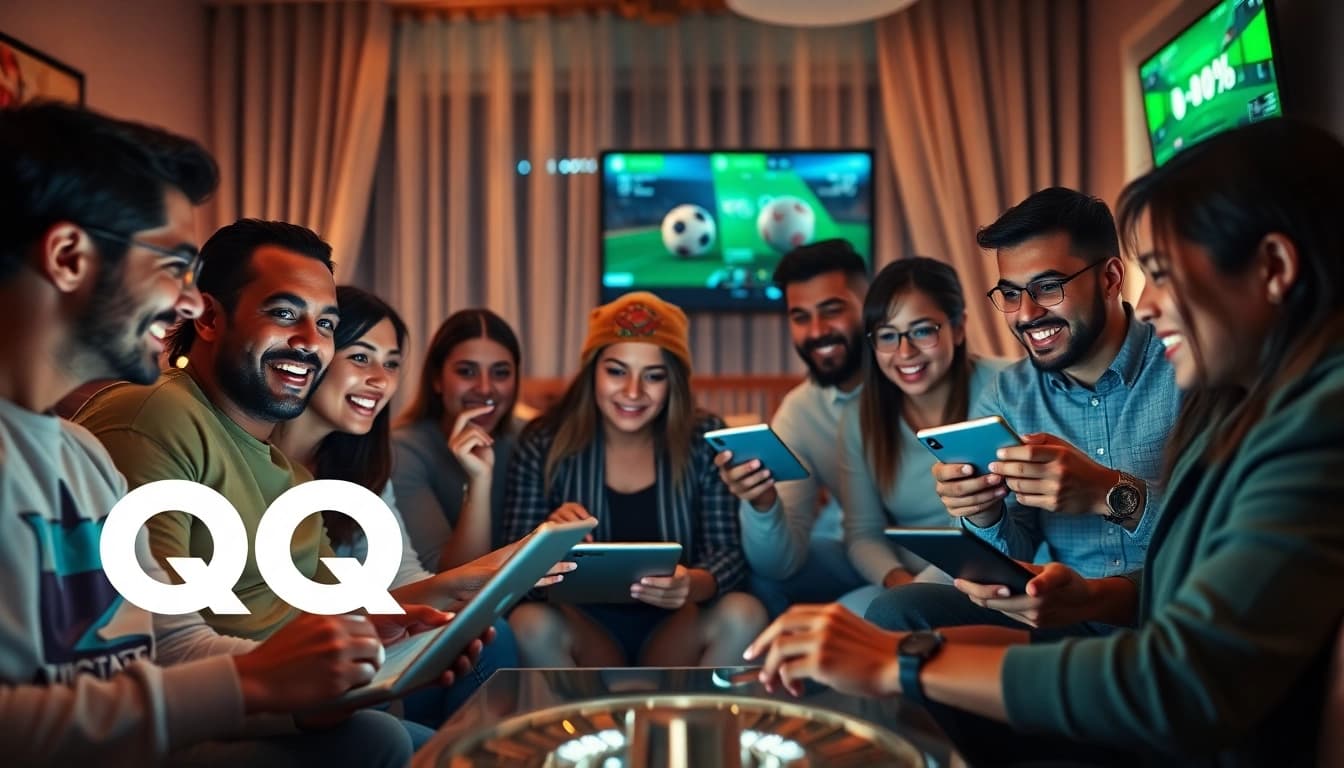 Excited bettors enjoying QQ88's online platform during a live sports event.