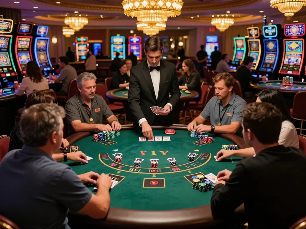 Players engaged at a blackjack table in a Vegas casino, illustrating the excitement of du88 strategies in action.