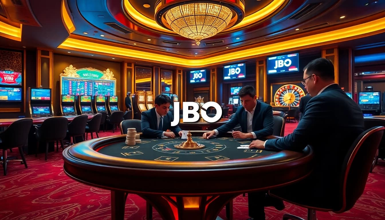 Experience the excitement of JBO through a high-stakes casino scene with poker cards and dice.