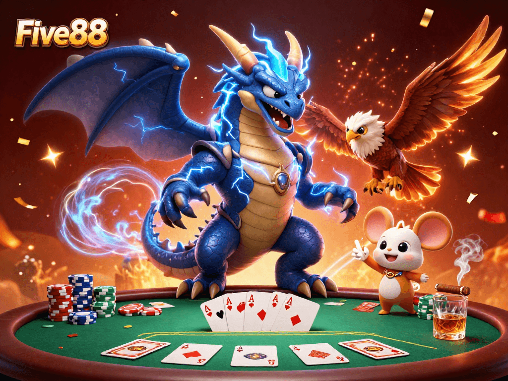 Experience excitement with Five88 as cartoon characters embrace thrilling poker adventures in a vibrant illustration.
