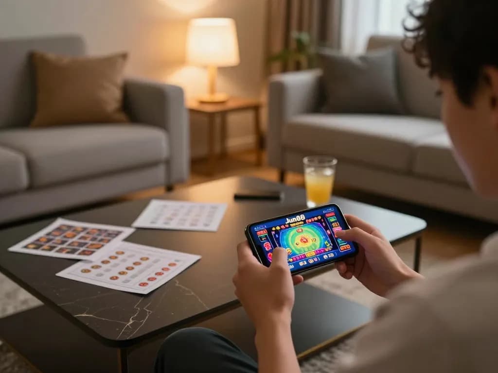 Player engaging with Jun88 on a smartphone during a cozy home gaming session, showcasing mobile gambling excitement.