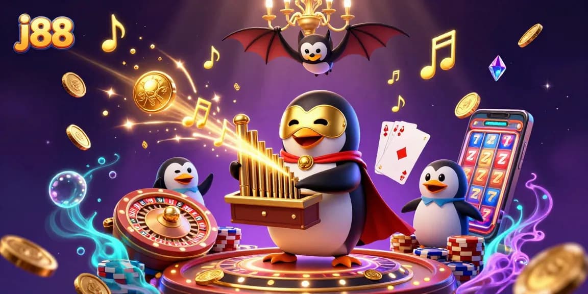 j88 showcasing a dynamic casino scene with cartoon characters, golden coins, and vibrant gameplay elements.