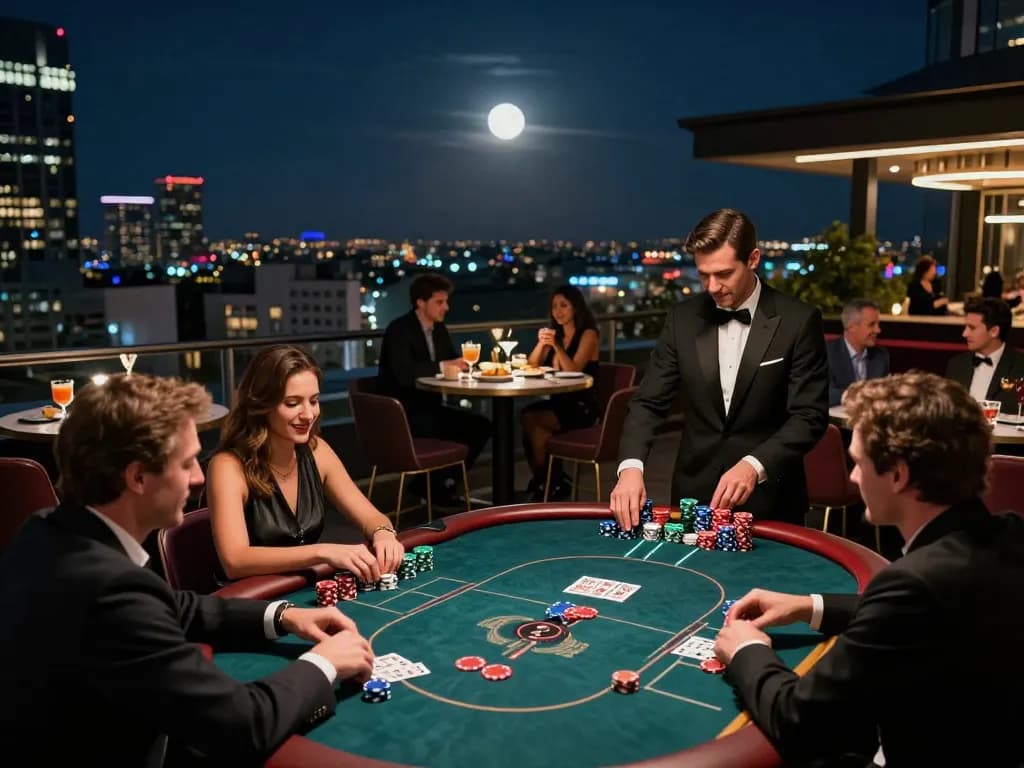Players enjoying a high-stakes poker game at Go 88 casino rooftop terrace.