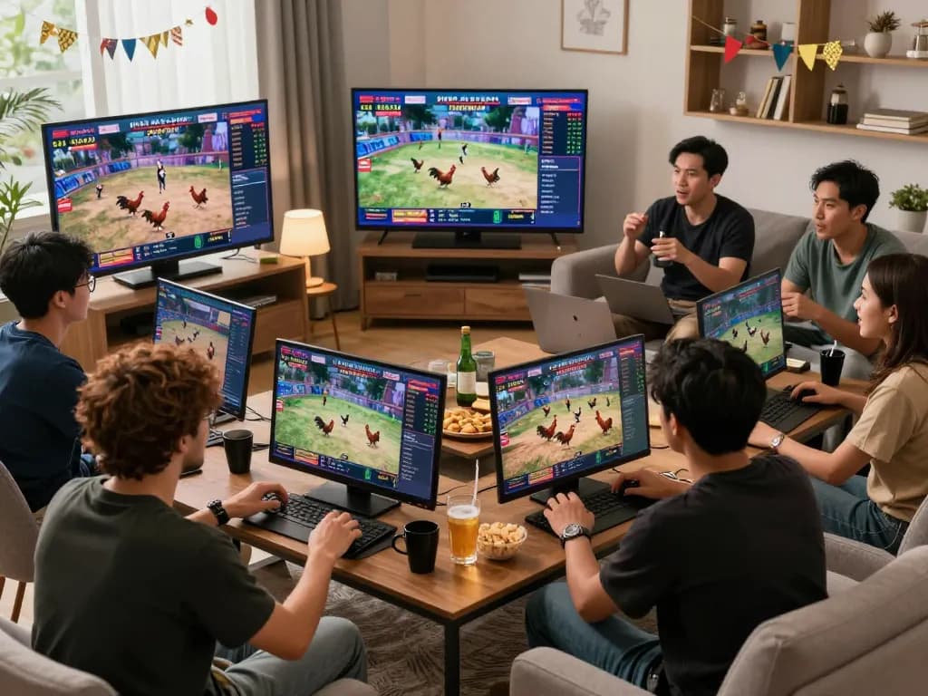 Engaging scene of friends enjoying BJ388 live cockfighting on multiple screens, creating a thrilling gambling atmosphere.