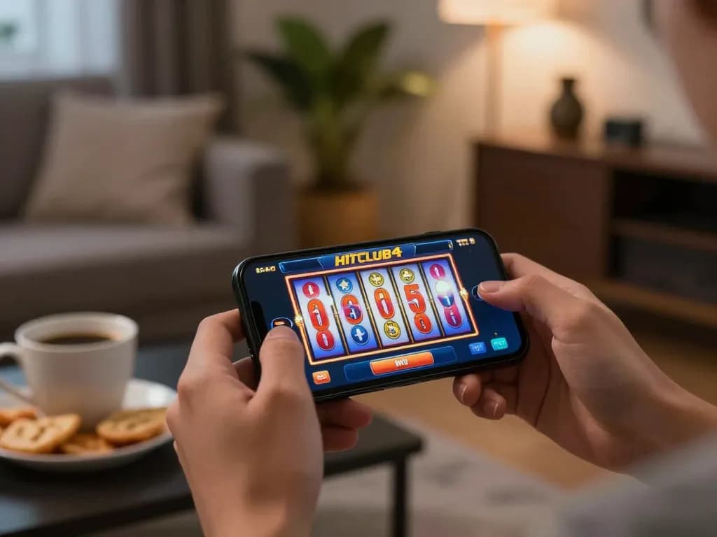 Hands engaging with hitclub4 casino app on smartphone for a thrilling gaming experience