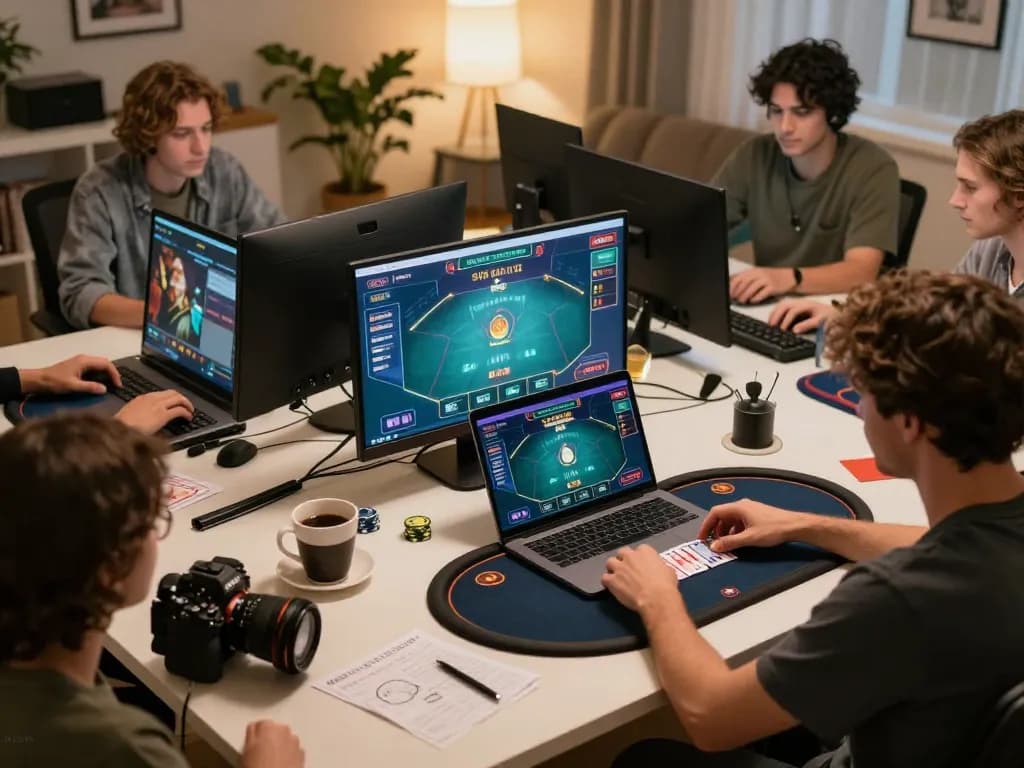 TA88 online poker gaming setup, showcasing players actively engaging with multiple screens and laptop interfaces in a cozy atmosphere.