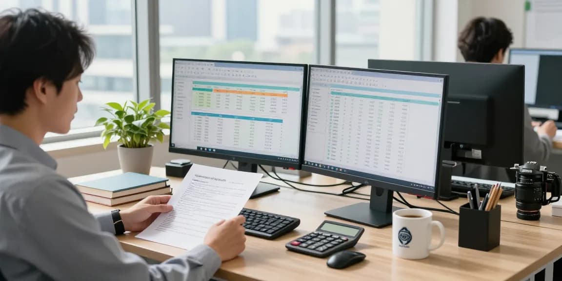 Contabilitate firmă: Contabil revizuind documente financiare într-un birou modern.
