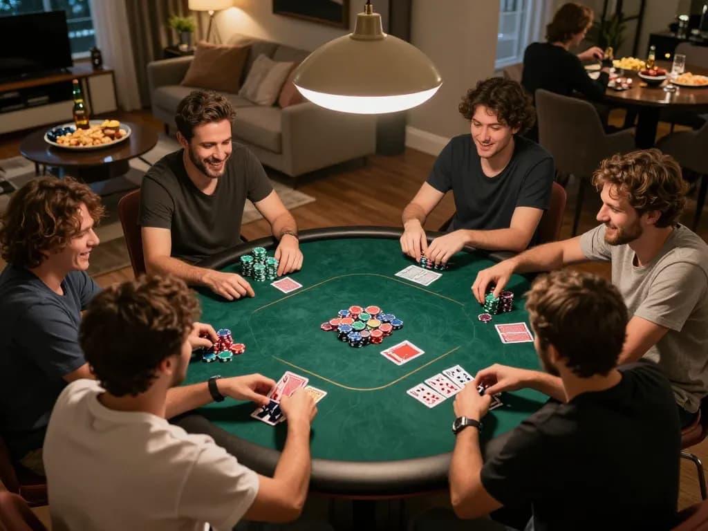 Players enjoying a friendly F168 poker night, chips and cards visible in a warmly lit atmosphere, capturing fun and strategy.