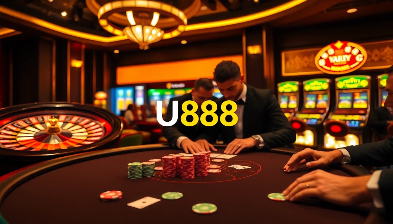 Experience thrilling moments at U888 with players enjoying a vibrant poker game in a luxurious casino setting.