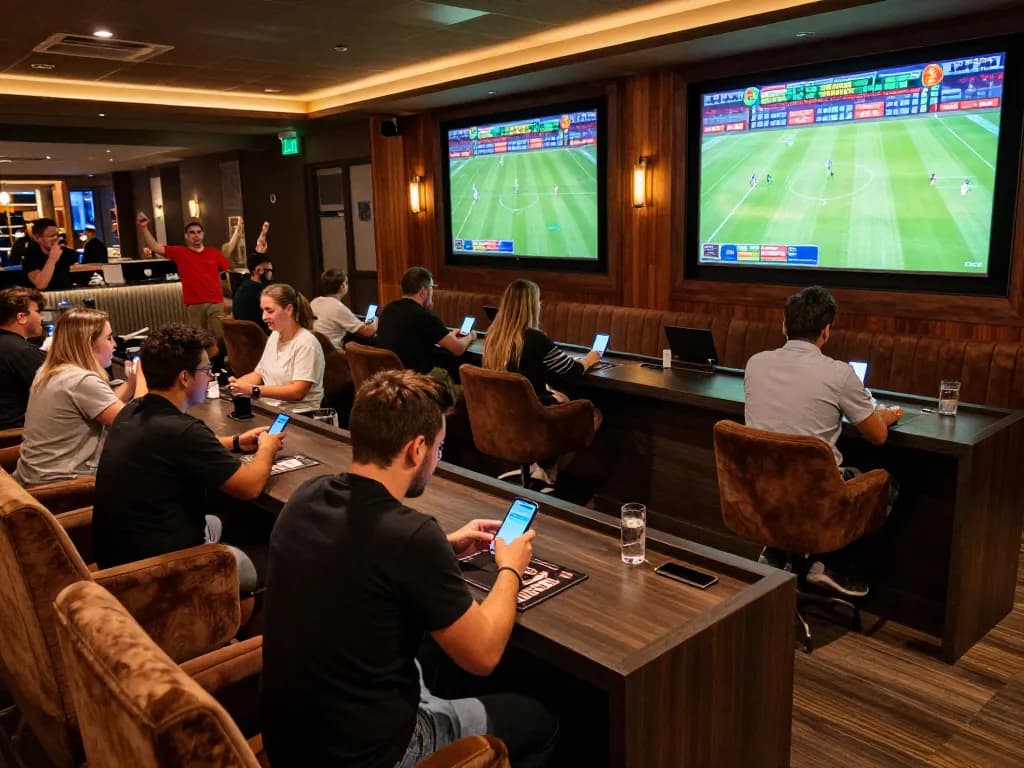Excited bettors engaged in placing 7m sports wagers in a vibrant lounge atmosphere