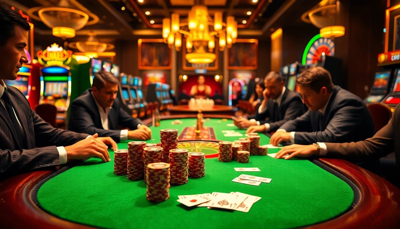 Players enjoy poker at thabet casino, with vibrant chips and cards enhancing the thrilling atmosphere.