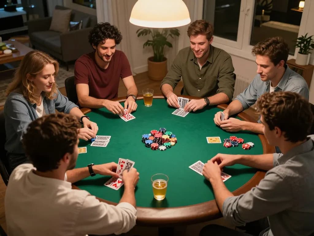 Friends playing intense poker at home during game night, featuring Cổng game ta88 for immersive experience.
