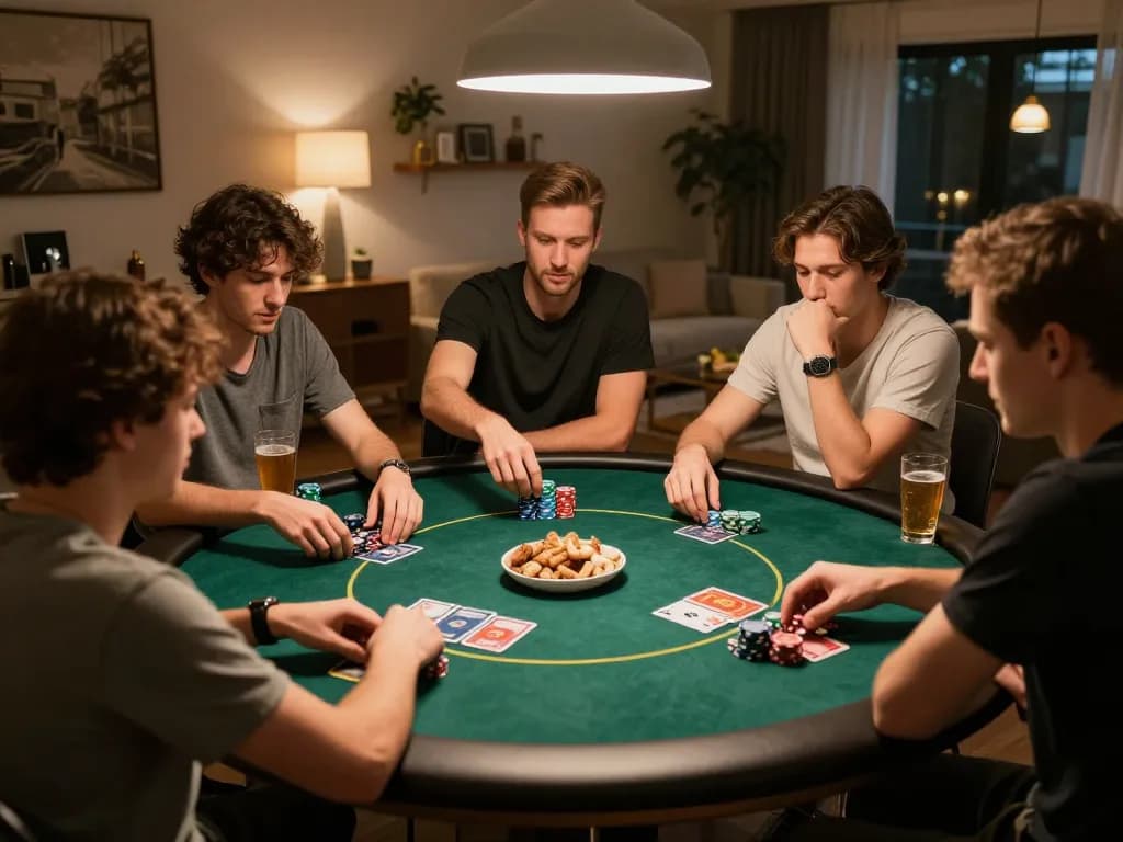 Friends playing poker with SC88 chips in an elegant home setting, creating a friendly competitive atmosphere