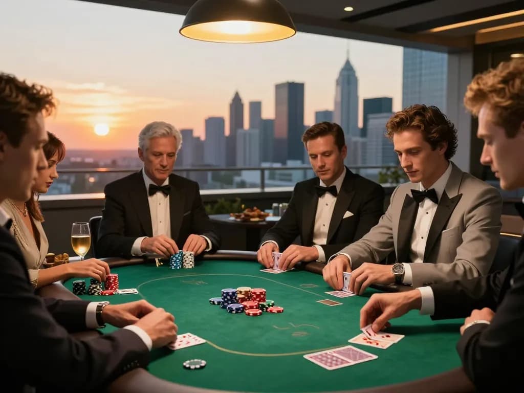 VIN88 players strategizing in a competitive rooftop poker game with city view and elegant decor.