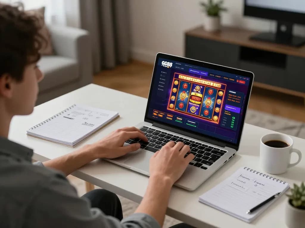 Engaging in online casino gameplay at GG88 COM with vibrant slot machine visuals in a cozy atmosphere