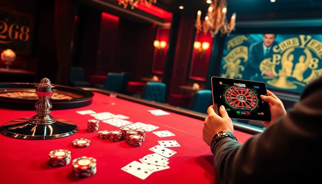 Engaged players at the house of mm88 experience thrilling poker, showcasing luxury and excitement in gambling.