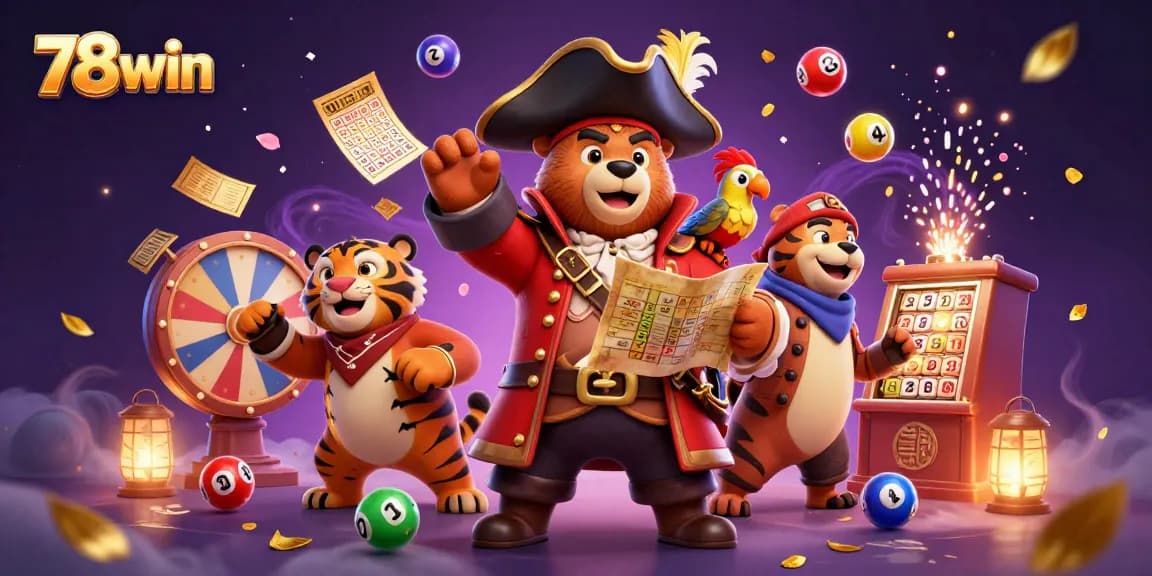 Experience the excitement of 78win with colorful lottery elements and a dynamic casino scene.