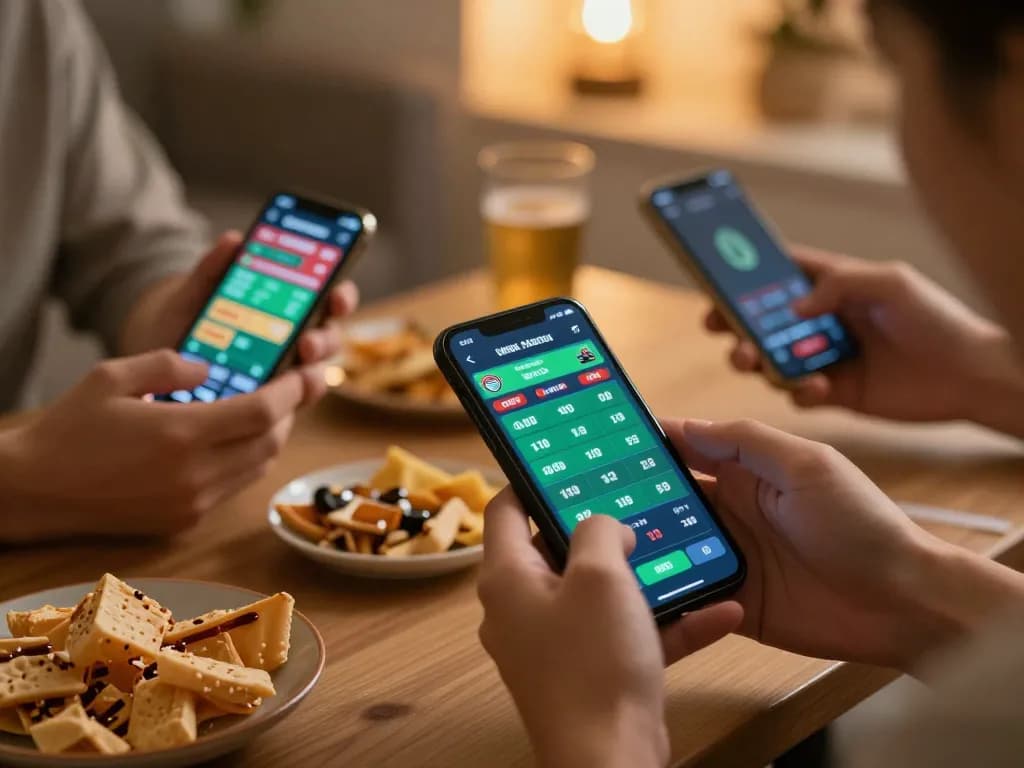 o8net3 players placing strategic sports bets on their smartphones in a cozy home setting