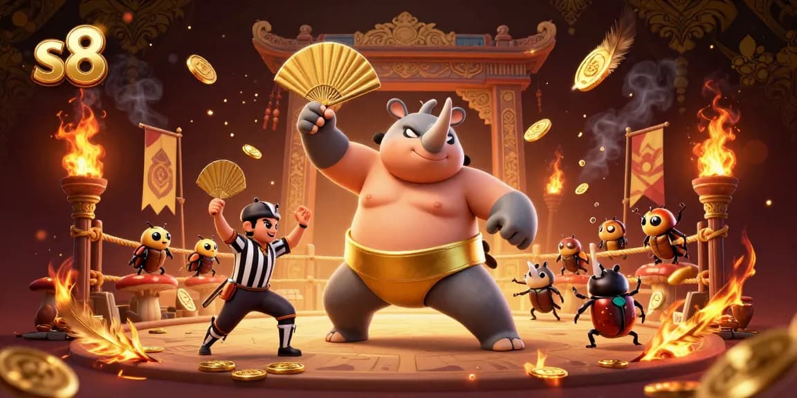 S8 casino game scene with a beetle sumo champion and golden coins flying during gameplay.