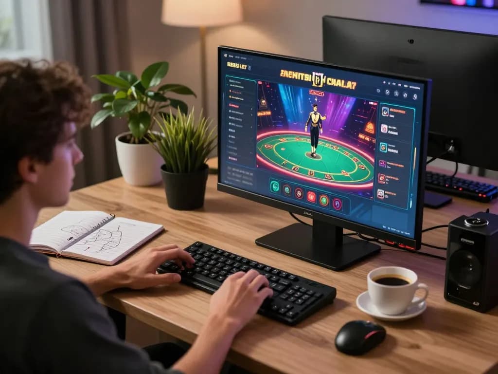 Engaging in online poker with Vua88 on a modern desk setup, person studying strategy notes and gaming interface.