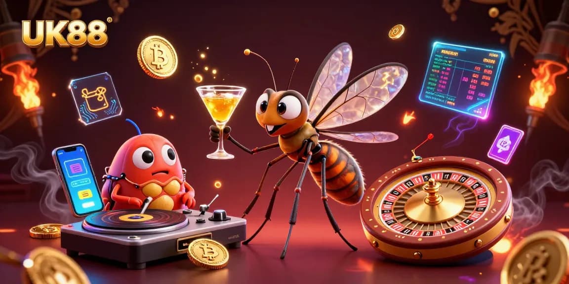 Experience the excitement of UK88 with a vibrant casino scene featuring unique characters and crypto coins.