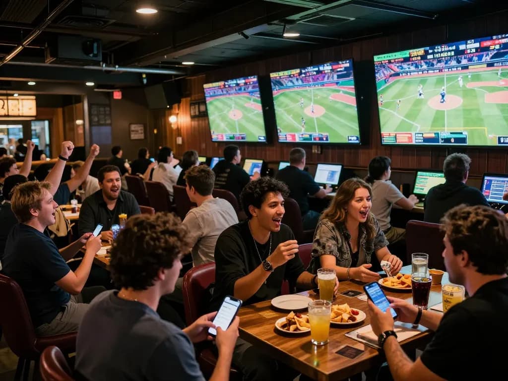 SIN88 sports betting excitement with patrons cheering and placing bets at a vibrant sports bar.