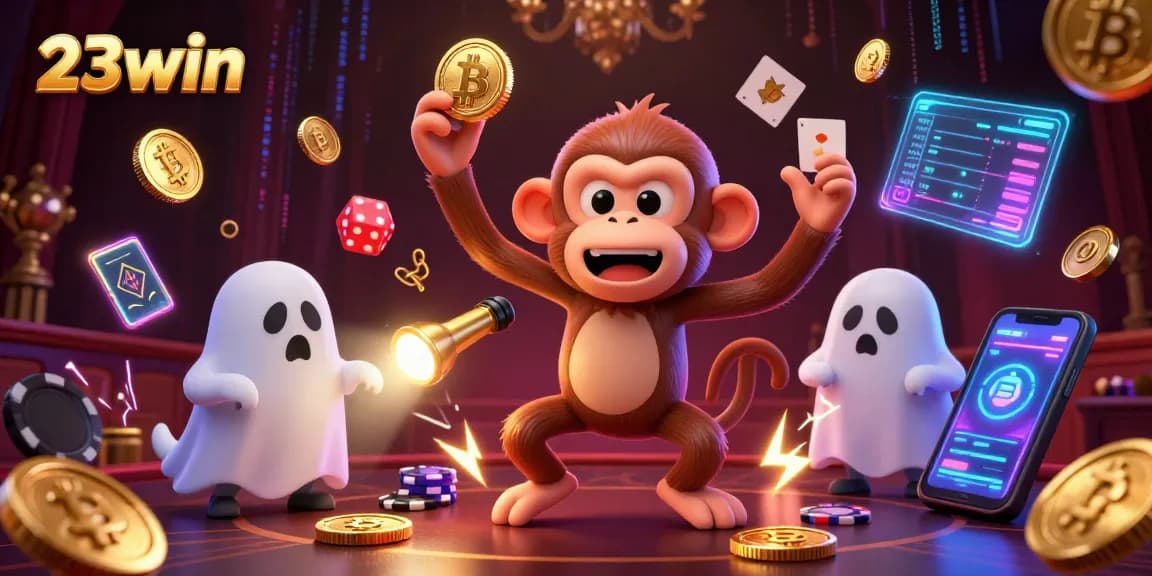 Engage with 23win in a thrilling haunted casino scene featuring a ghostly puppy and a playful monkey.