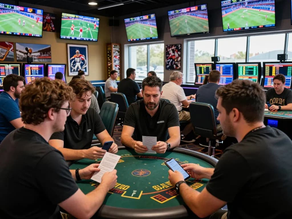 Debet betting venue with enthusiasts analyzing sports data and enjoying betting activities