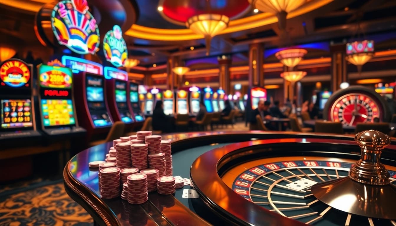 The vibrant casino scene at https://da88.navy/ showcasing thrilling slot machines and poker action.