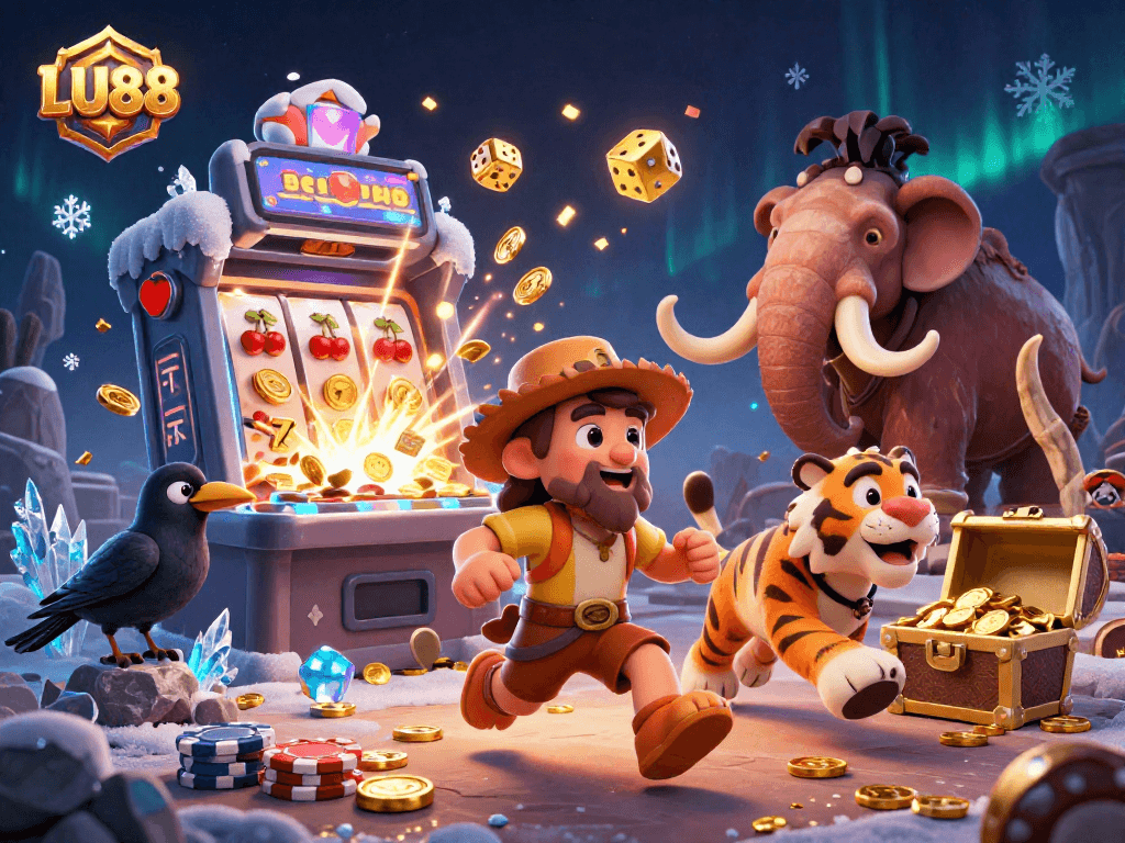 Experience the thrilling LU88 casino adventure with a caveman and sabertooth tiger, surrounded by dazzling slot games.