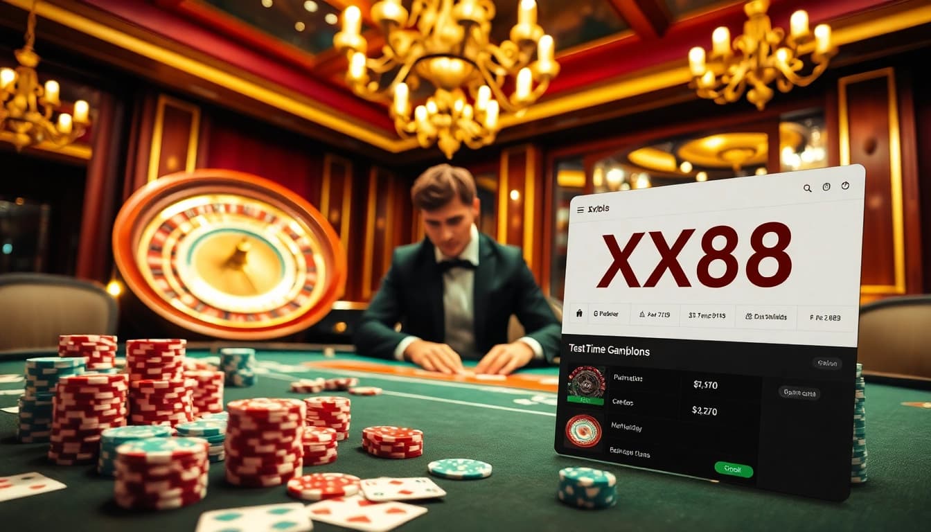 Experience excitement at the XX88 poker table with colorful chips and a spinning roulette wheel.