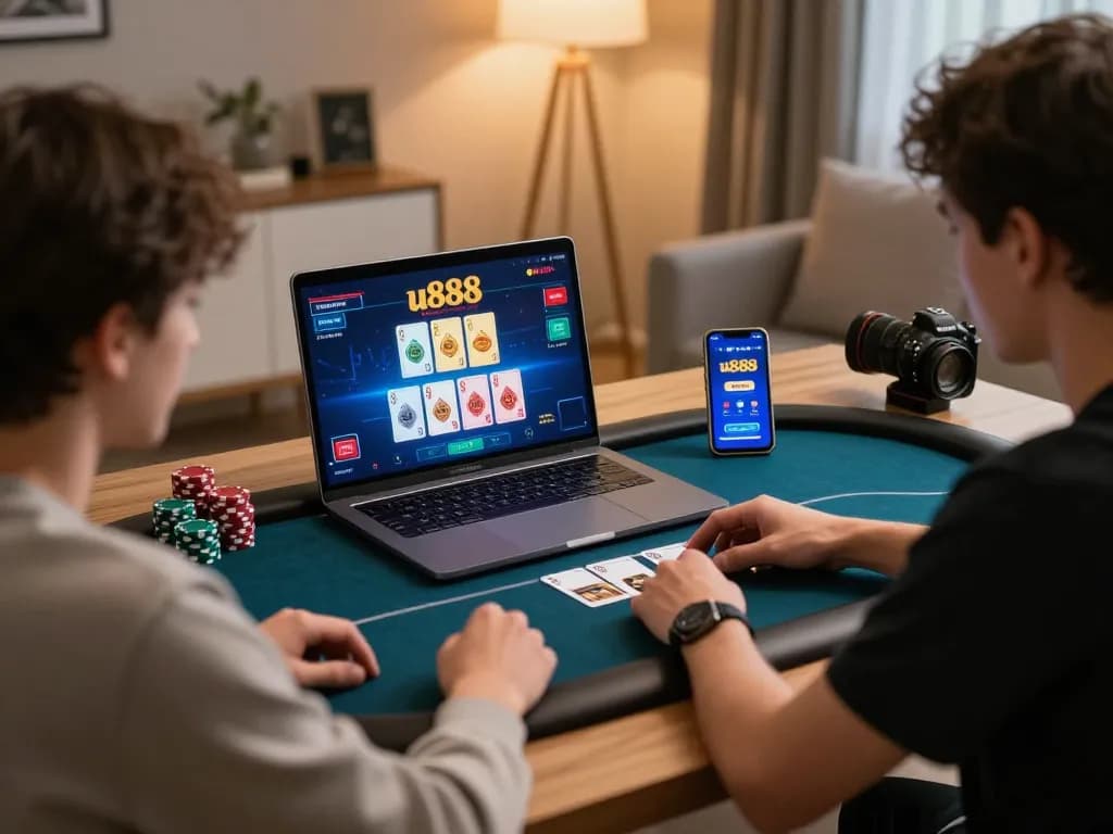 Engage in an online u888 poker game while enjoying a cozy home setup with strategic planning elements.