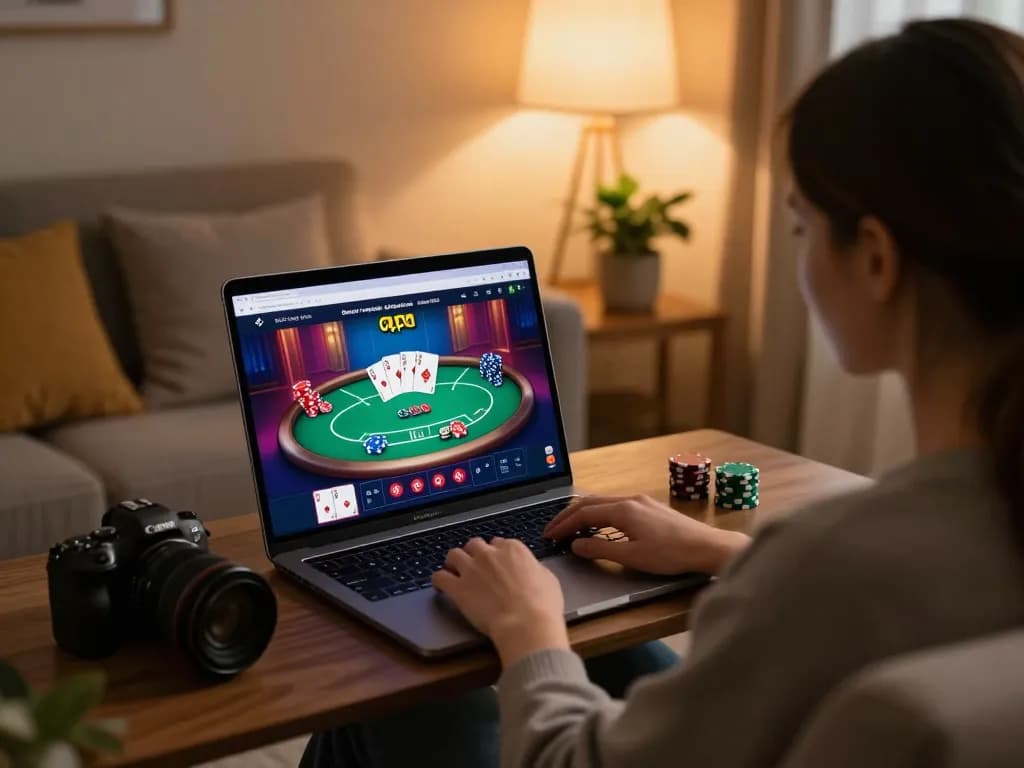 Player engaging in online gambling at O8 with vibrant poker interface on laptop.