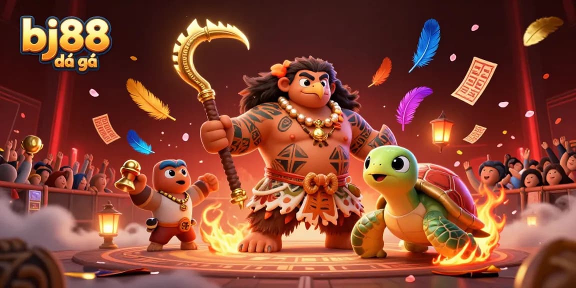 Engage in thrilling bj88 đá gà action set in a vibrant arena, showcasing lively characters, battles, and betting excitement.