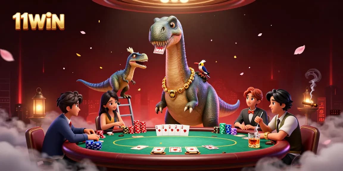 Engage with 11WIN's thrilling casino poker scene featuring a dinosaur dealer and vibrant poker action.