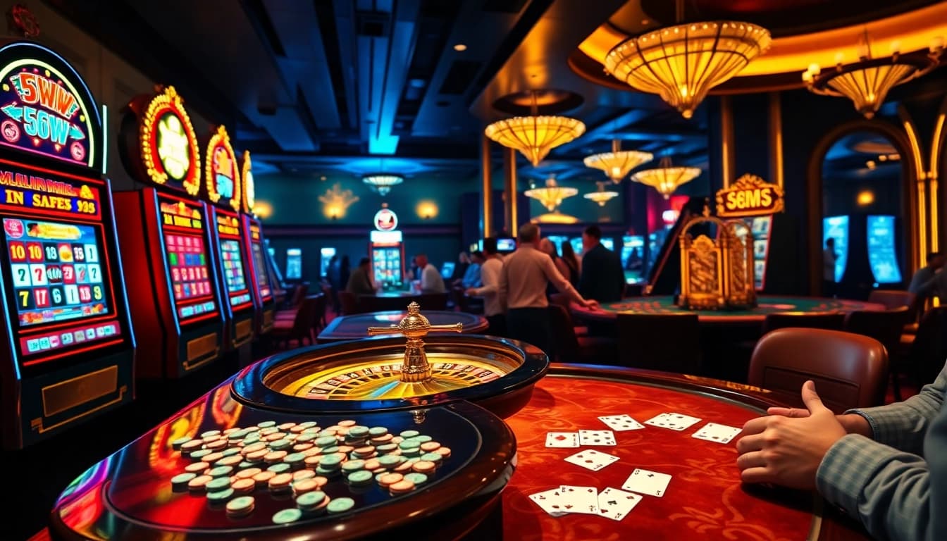 Players enjoying thrilling casino games at 55WW with colorful slot machines and a roulette table.