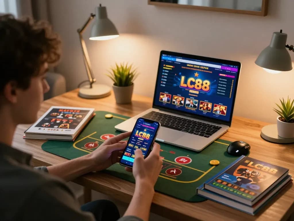Engaging with the LC88 casino app on a smartphone during an online gaming session at home.