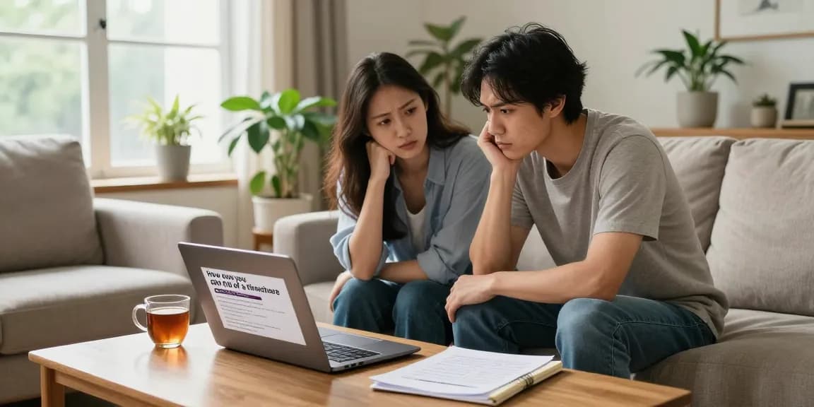 Couple discussing how can you get rid of a timeshare in cozy living room filled with paperwork.