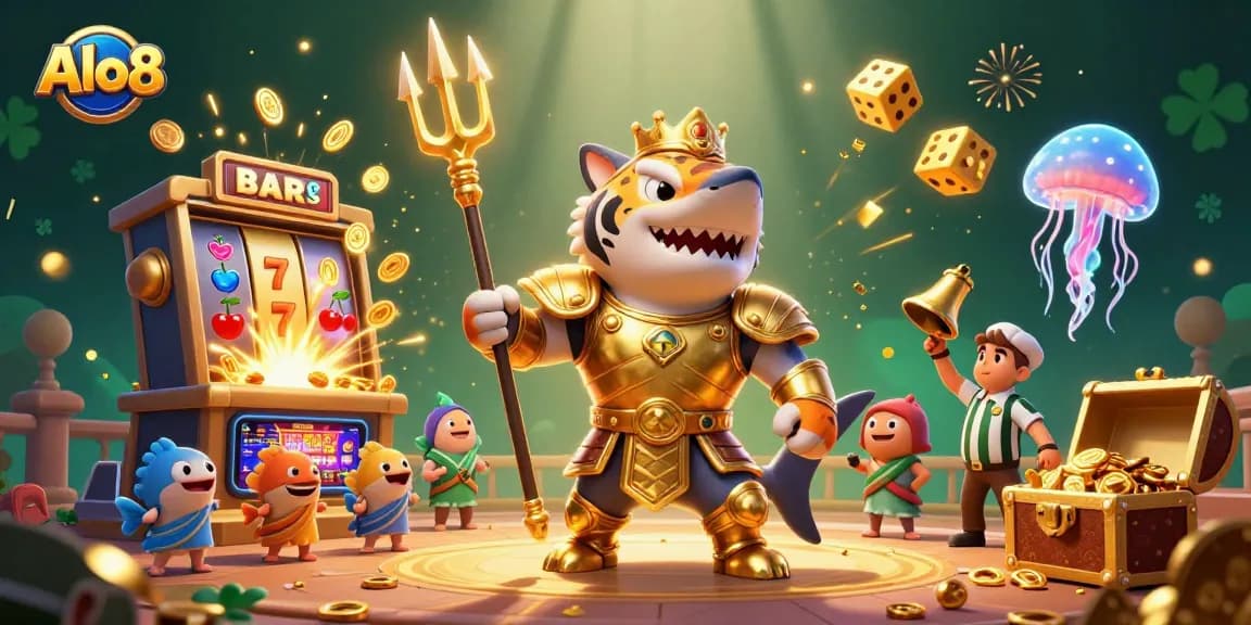 Alo8 showcases exhilarating casino action featuring a golden trident-wielding shark in a vibrant underwater setting.