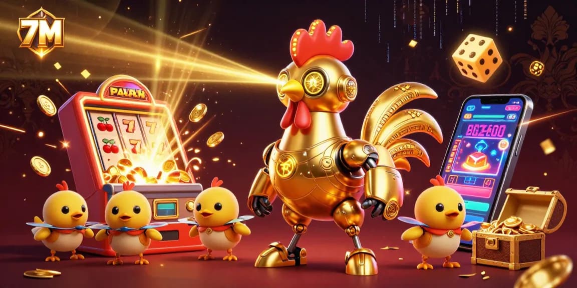 Engage with 7M gaming thrills as the golden rooster robot shoots lasers amidst a jackpot explosion.