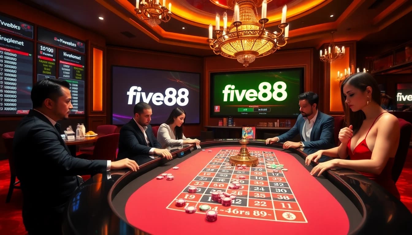 Players enjoying roulette at a luxury casino table, showcasing five88's vibrant atmosphere.