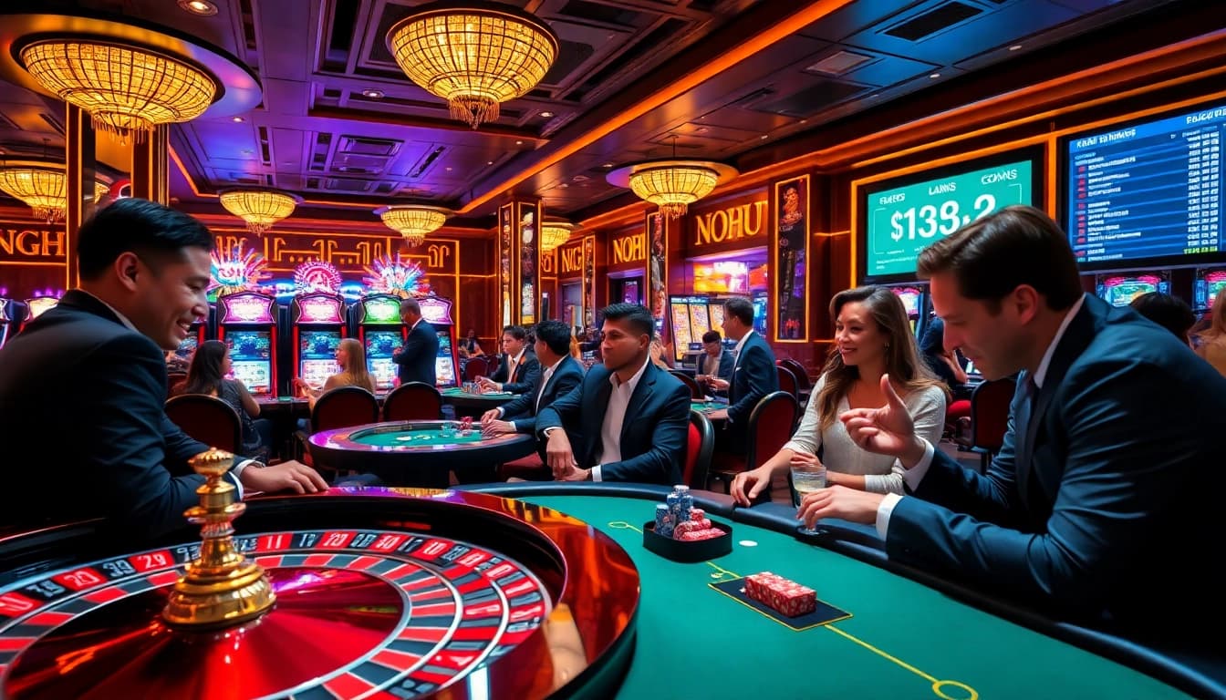 NOHU casino scene with excited gamblers and vibrant slot machines in a luxurious atmosphere.