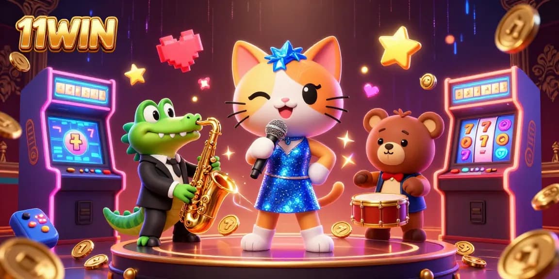 Experience the thrill of 11WIN casino with vibrant 3D illustration showcasing a jazz-singer cat on stage.