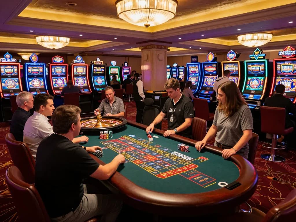 Players placing bets at the roulette table in FIVE88 casino, vibrant casino atmosphere with colorful slot machines